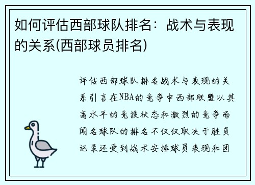 如何评估西部球队排名：战术与表现的关系(西部球员排名)