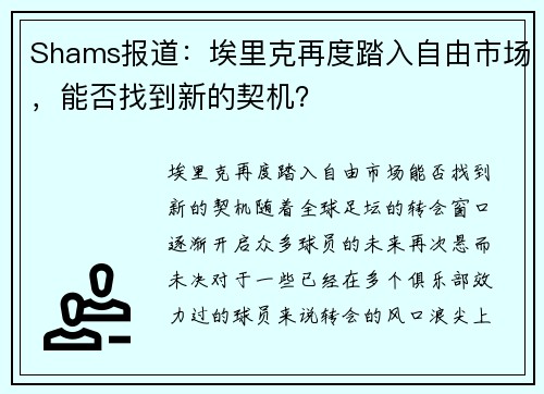 Shams报道：埃里克再度踏入自由市场，能否找到新的契机？