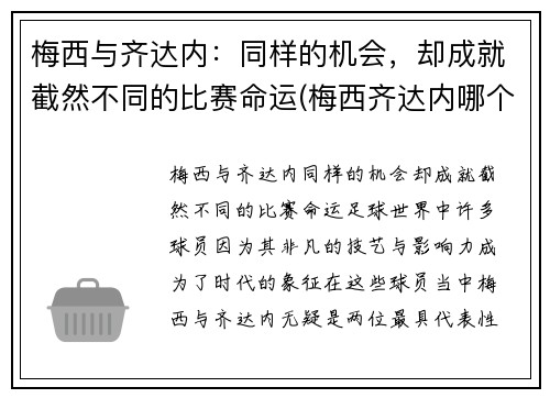梅西与齐达内：同样的机会，却成就截然不同的比赛命运(梅西齐达内哪个厉害)
