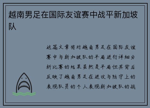 越南男足在国际友谊赛中战平新加坡队