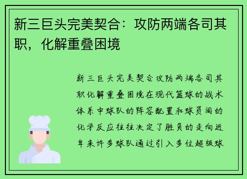 新三巨头完美契合：攻防两端各司其职，化解重叠困境
