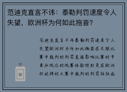 范迪克直言不讳：泰勒判罚速度令人失望，欧洲杯为何如此拖沓？
