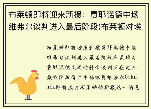 布莱顿即将迎来新援：费耶诺德中场维弗尔谈判进入最后阶段(布莱顿对埃弗顿历史比分)