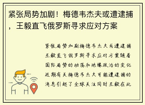 紧张局势加剧！梅德韦杰夫或遭逮捕，王毅直飞俄罗斯寻求应对方案